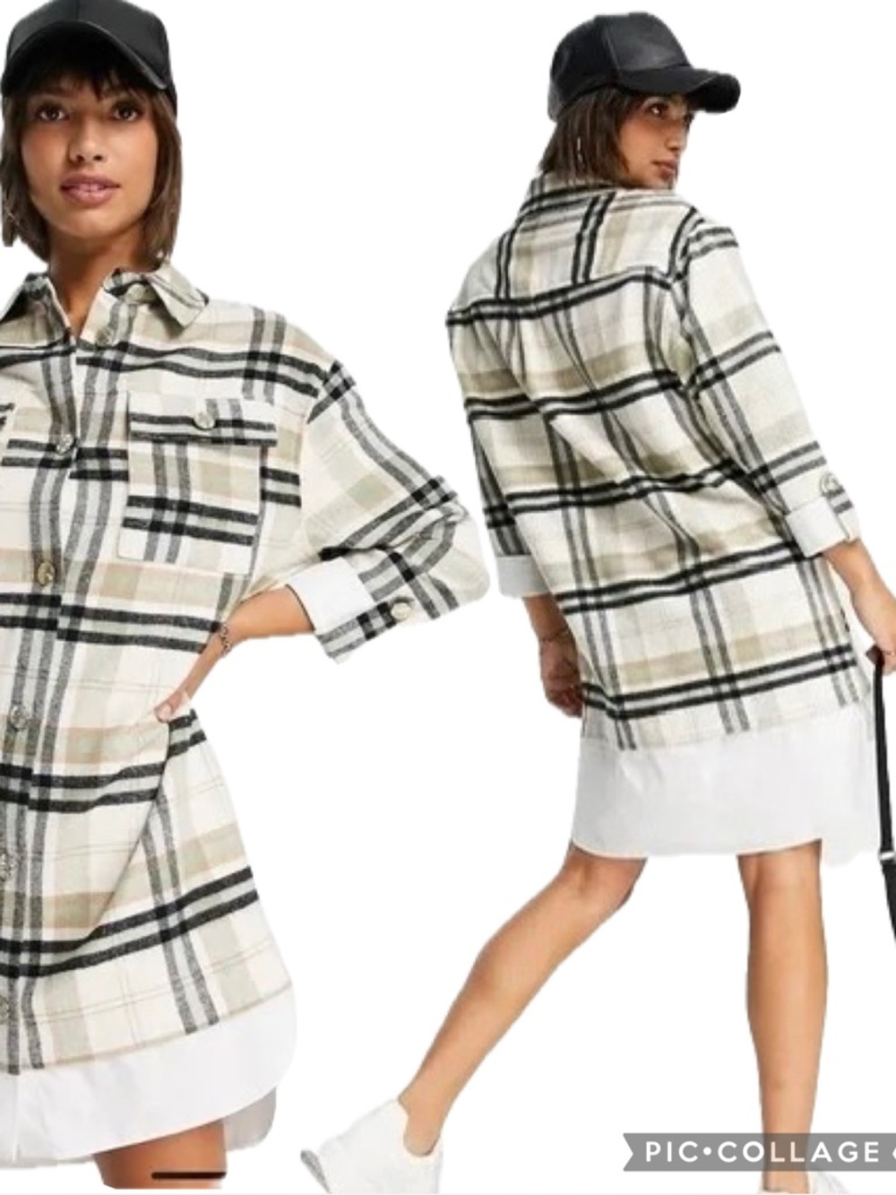 Green Beige Checkered Longline Shirt Dress - White Contrast Hem Sz 10